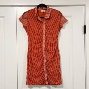 Birch and Stone Women's Orange Buttondown‎ Dress with Ruching and Collar Size M